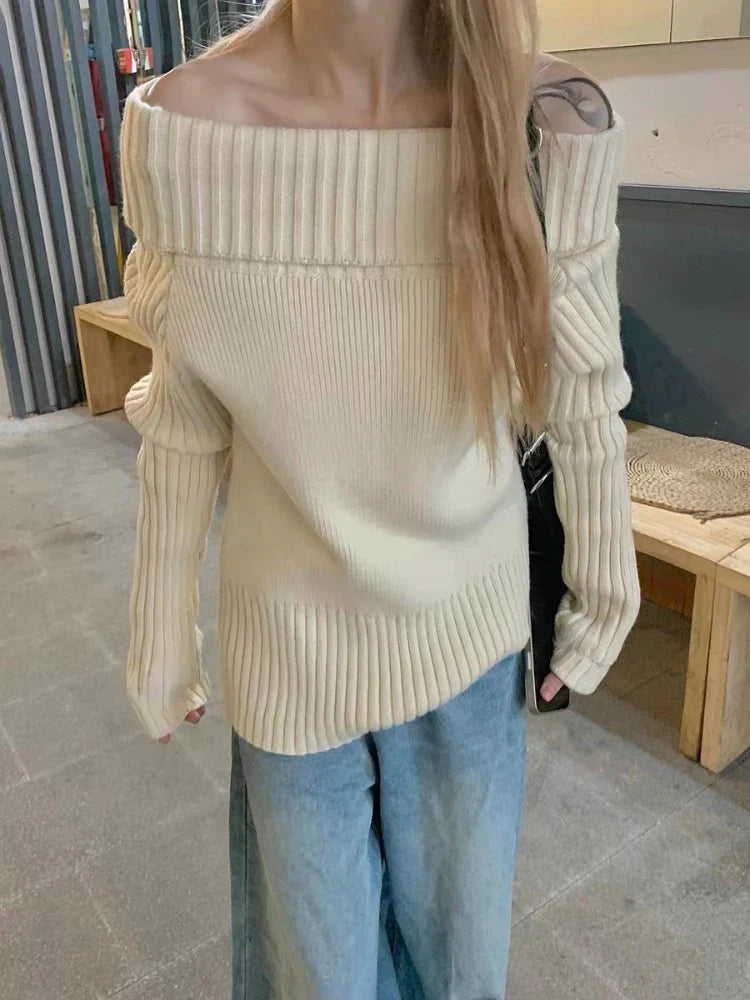 Beige Off Shoulder Knit Sweater – Elegant Harajuku Long Sleeve Pullover From Kawaii Stop