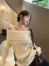 Beige Off Shoulder Knit Sweater – Elegant Harajuku Long Sleeve Pullover From Kawaii Stop