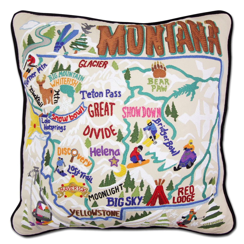 Ski Montana Hand-Embroidered Pillow from Quirks!