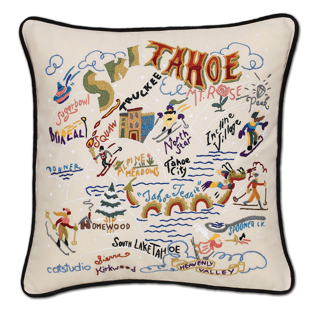 Ski Tahoe Hand-Embroidered Pillow from Quirks!