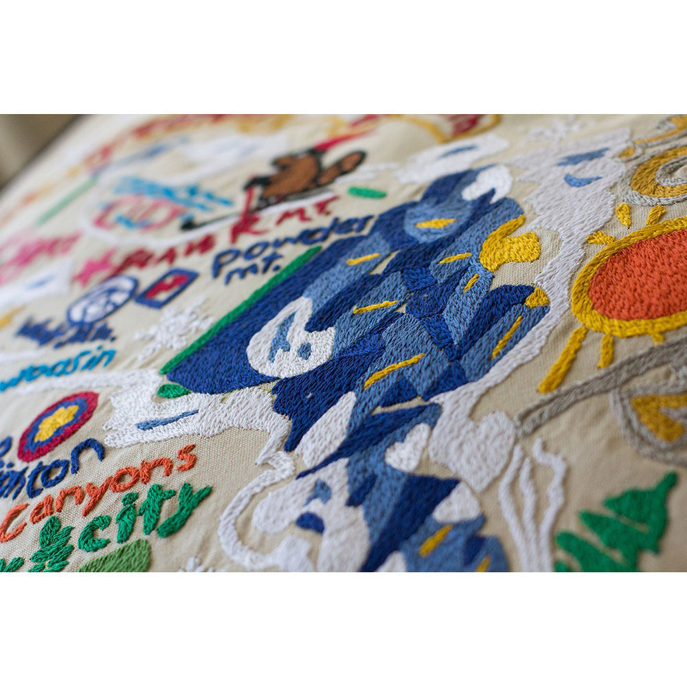 Ski Utah Hand-Embroidered Pillow from Quirks!