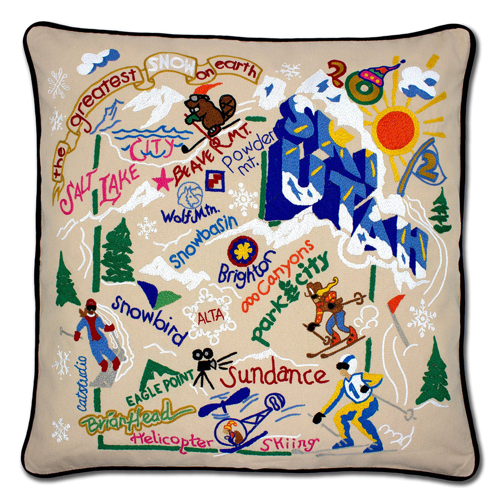 Ski Utah Hand-Embroidered Pillow from Quirks!