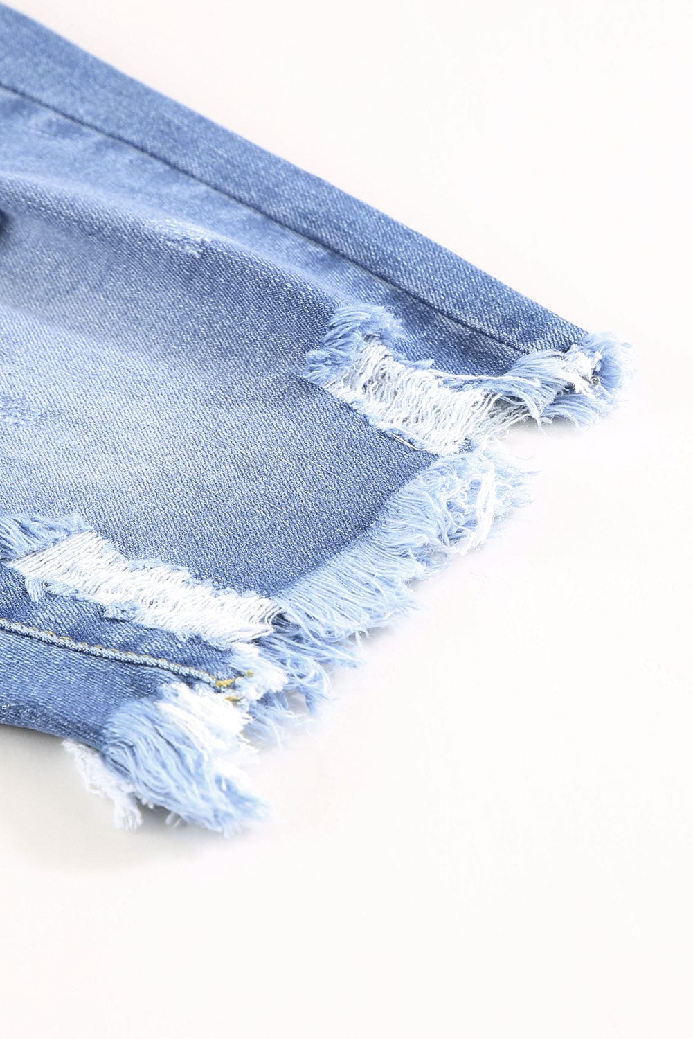 Blue Raw Hem Denim Jorts with Distressed Details, Mid-Stretch Slash Pockets Bermuda Denim Shorts, Women's Denim Jeans & Apparel from MsDressly