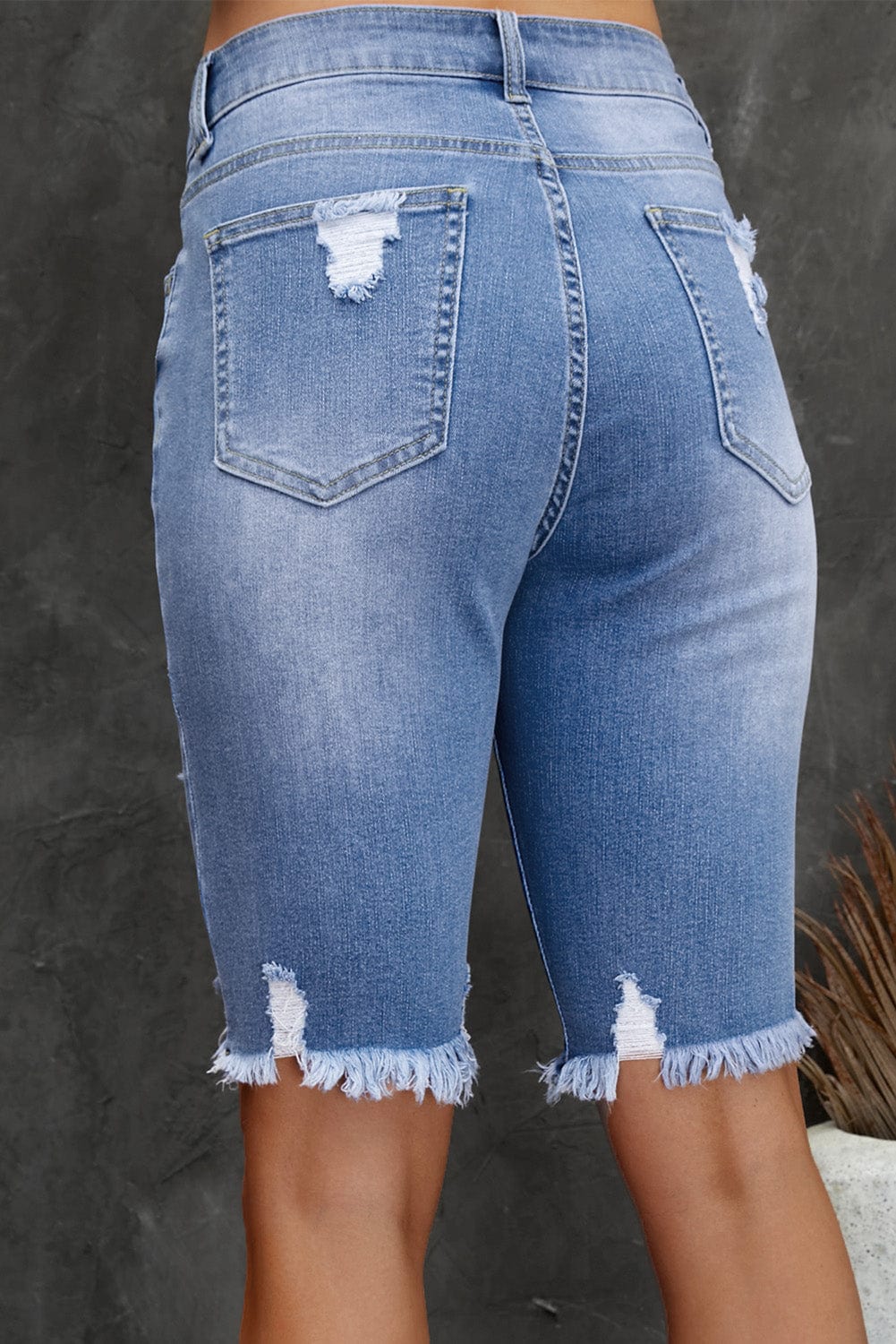 Blue Raw Hem Denim Jorts with Distressed Details, Mid-Stretch Slash Pockets Bermuda Denim Shorts, Women's Denim Jeans & Apparel from MsDressly