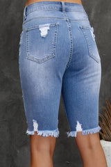 Blue Raw Hem Denim Jorts with Distressed Details, Mid-Stretch Slash Pockets Bermuda Denim Shorts, Women's Denim Jeans & Apparel from MsDressly