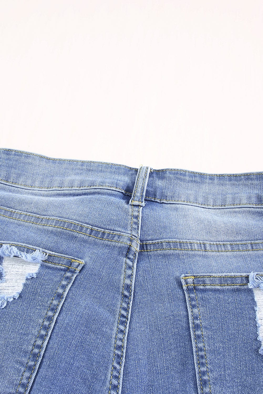 Blue Raw Hem Denim Jorts with Distressed Details, Mid-Stretch Slash Pockets Bermuda Denim Shorts, Women's Denim Jeans & Apparel from MsDressly