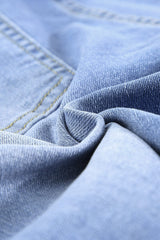 Blue Raw Hem Denim Jorts with Distressed Details, Mid-Stretch Slash Pockets Bermuda Denim Shorts, Women's Denim Jeans & Apparel from MsDressly