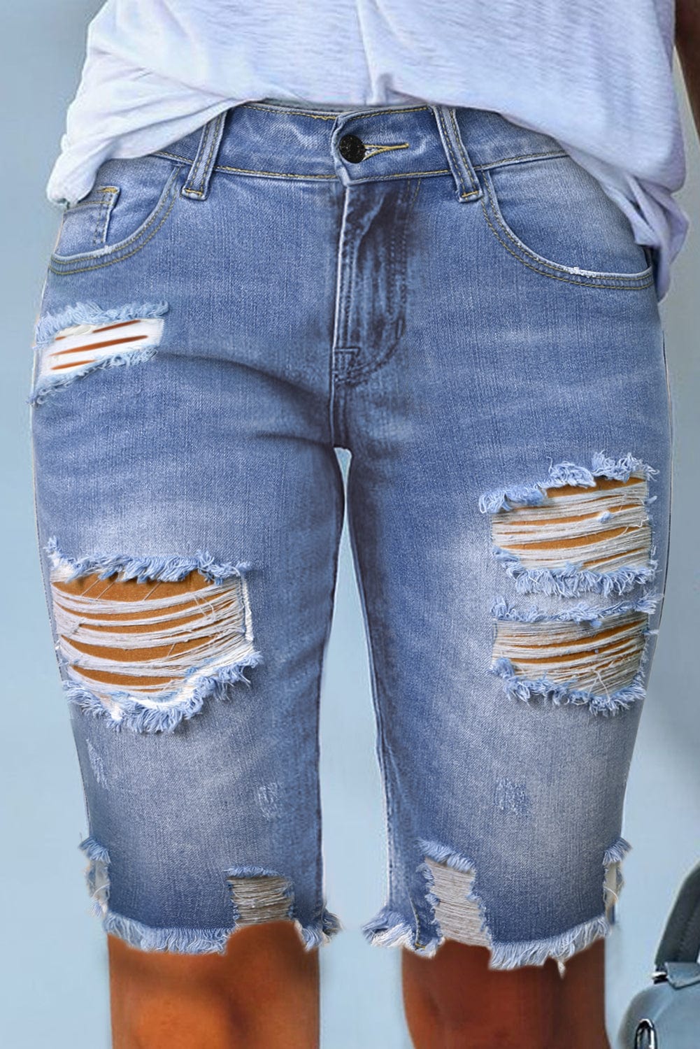 Blue Raw Hem Denim Jorts with Distressed Details, Mid-Stretch Slash Pockets Bermuda Denim Shorts, Women's Denim Jeans & Apparel from MsDressly