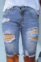 Blue Raw Hem Denim Jorts with Distressed Details, Mid-Stretch Slash Pockets Bermuda Denim Shorts, Women's Denim Jeans & Apparel from MsDressly