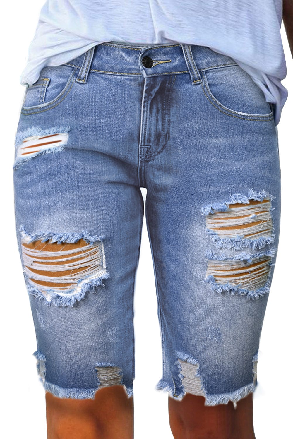 Blue Raw Hem Denim Jorts with Distressed Details, Mid-Stretch Slash Pockets Bermuda Denim Shorts, Women's Denim Jeans & Apparel from MsDressly