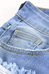 Blue Raw Hem Denim Jorts with Distressed Details, Mid-Stretch Slash Pockets Bermuda Denim Shorts, Women's Denim Jeans & Apparel from MsDressly