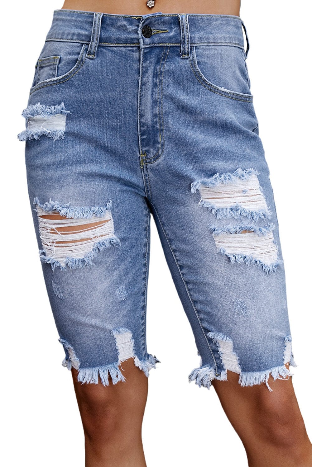 Blue Raw Hem Denim Jorts with Distressed Details, Mid-Stretch Slash Pockets Bermuda Denim Shorts, Women's Denim Jeans & Apparel from MsDressly