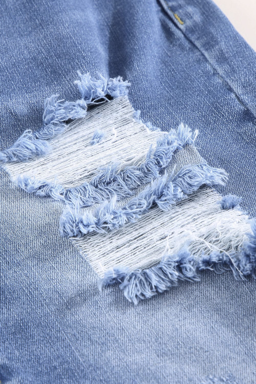 Blue Raw Hem Denim Jorts with Distressed Details, Mid-Stretch Slash Pockets Bermuda Denim Shorts, Women's Denim Jeans & Apparel from MsDressly