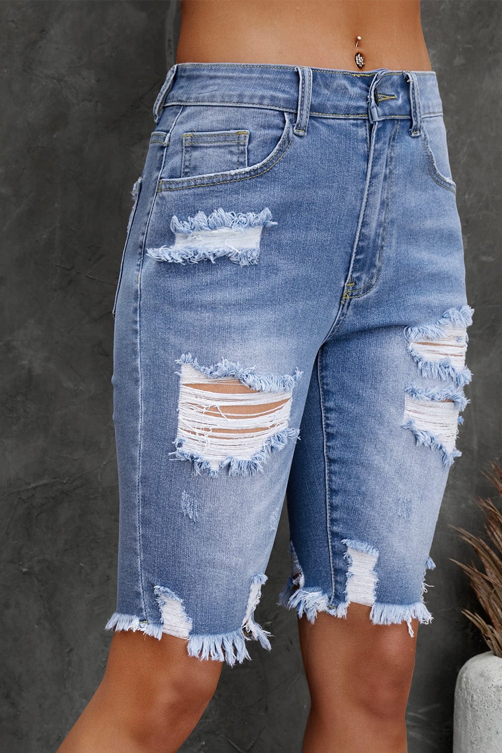 Blue Raw Hem Denim Jorts with Distressed Details, Mid-Stretch Slash Pockets Bermuda Denim Shorts, Women's Denim Jeans & Apparel from MsDressly