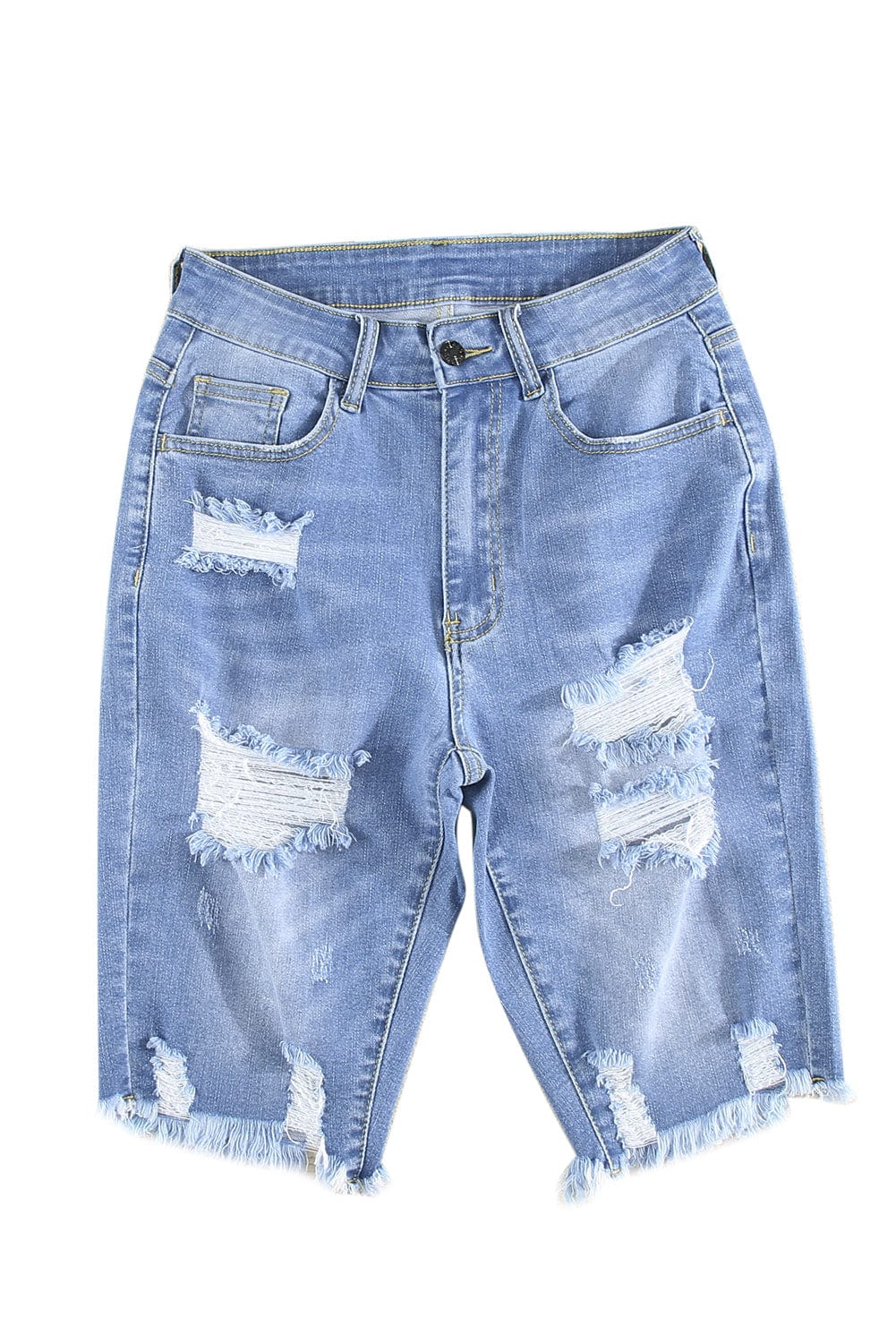 Blue Raw Hem Denim Jorts with Distressed Details, Mid-Stretch Slash Pockets Bermuda Denim Shorts, Women's Denim Jeans & Apparel from MsDressly