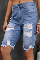 Blue Raw Hem Denim Jorts with Distressed Details, Mid-Stretch Slash Pockets Bermuda Denim Shorts, Women's Denim Jeans & Apparel from MsDressly