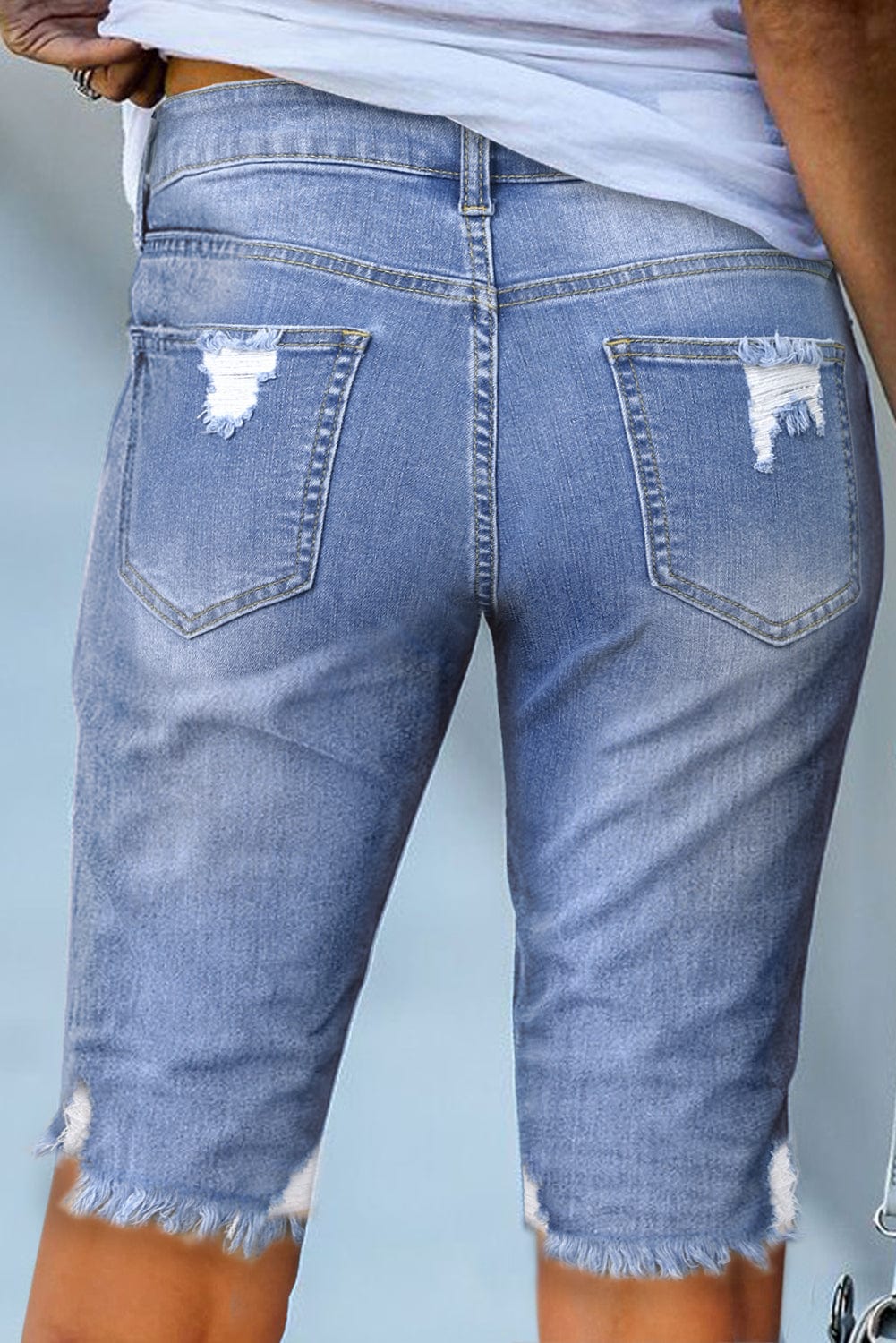Blue Raw Hem Denim Jorts with Distressed Details, Mid-Stretch Slash Pockets Bermuda Denim Shorts, Women's Denim Jeans & Apparel from MsDressly