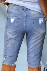 Blue Raw Hem Denim Jorts with Distressed Details, Mid-Stretch Slash Pockets Bermuda Denim Shorts, Women's Denim Jeans & Apparel from MsDressly