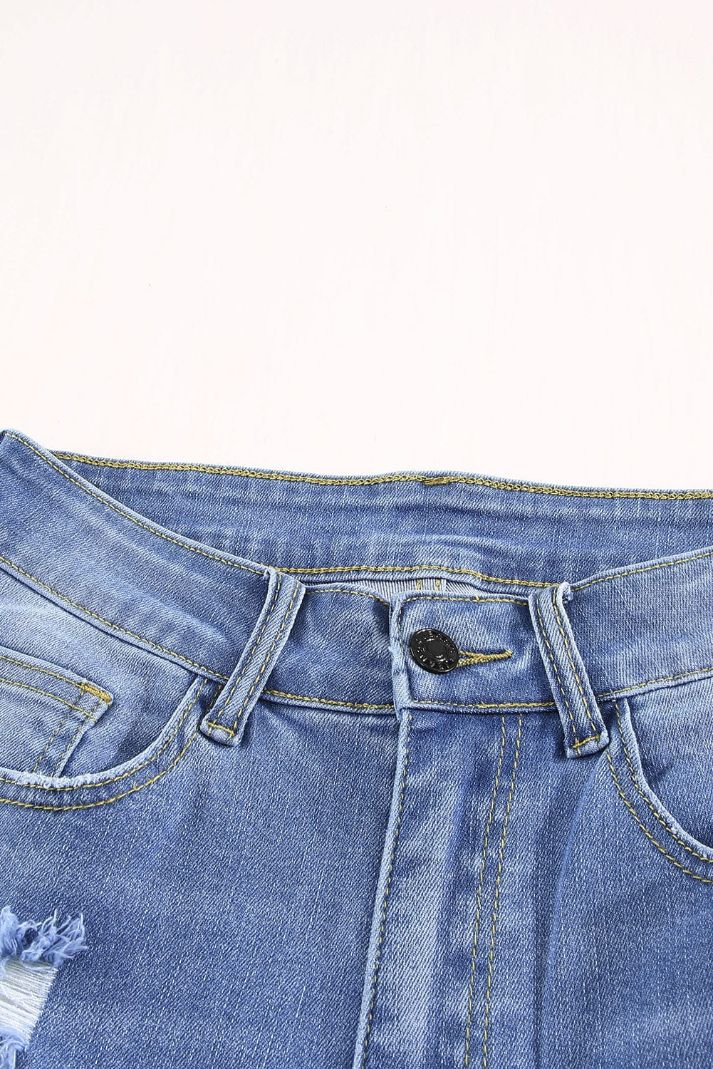Blue Raw Hem Denim Jorts with Distressed Details, Mid-Stretch Slash Pockets Bermuda Denim Shorts, Women's Denim Jeans & Apparel from MsDressly