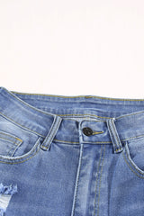 Blue Raw Hem Denim Jorts with Distressed Details, Mid-Stretch Slash Pockets Bermuda Denim Shorts, Women's Denim Jeans & Apparel from MsDressly