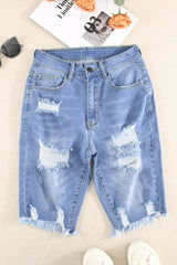 Blue Raw Hem Denim Jorts with Distressed Details, Mid-Stretch Slash Pockets Bermuda Denim Shorts, Women's Denim Jeans & Apparel from MsDressly