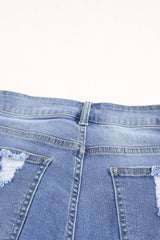 Blue Raw Hem Denim Jorts with Distressed Details, Mid-Stretch Slash Pockets Bermuda Denim Shorts, Women's Denim Jeans & Apparel from MsDressly