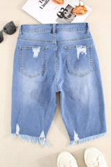 Blue Raw Hem Denim Jorts with Distressed Details, Mid-Stretch Slash Pockets Bermuda Denim Shorts, Women's Denim Jeans & Apparel from MsDressly