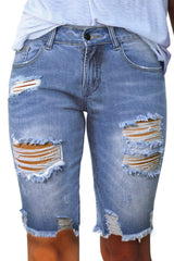 Blue Raw Hem Denim Jorts with Distressed Details, Mid-Stretch Slash Pockets Bermuda Denim Shorts, Women's Denim Jeans & Apparel from MsDressly