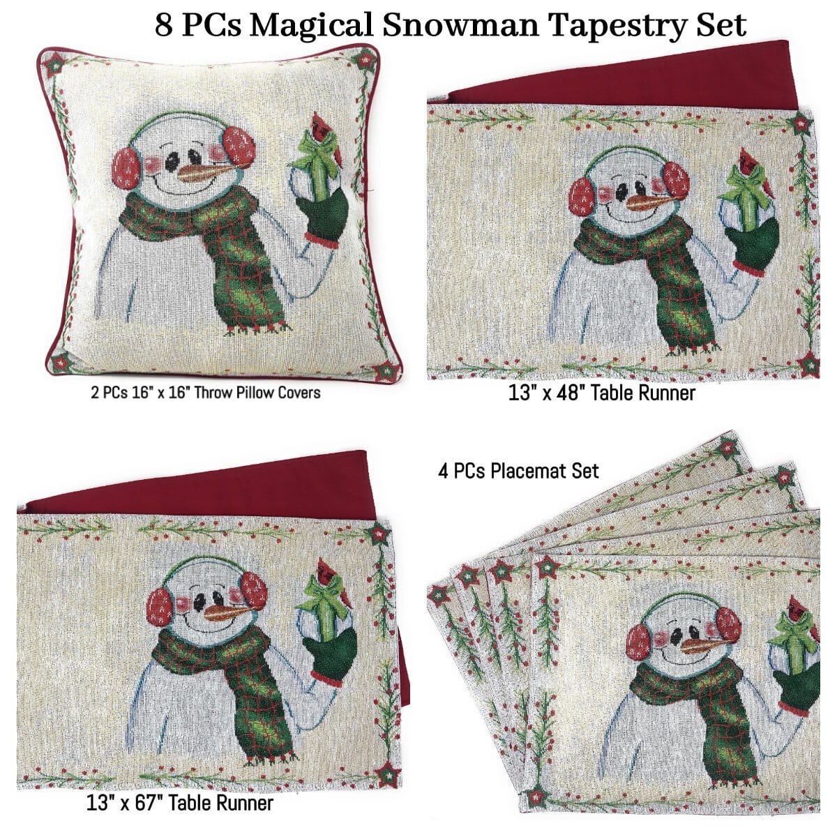 DaDa Bedding Set of 8 Pieces Magical Snowman Holiday Table Tapestry - 4 Placemats, 2 Table Runners, 2 Throw Pillow Covers (9733) from DaDalogy Bedding Collection