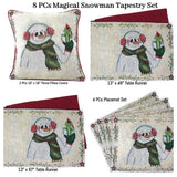 DaDa Bedding Set of 8 Pieces Magical Snowman Holiday Table Tapestry - 4 Placemats, 2 Table Runners, 2 Throw Pillow Covers (9733) from DaDalogy Bedding Collection