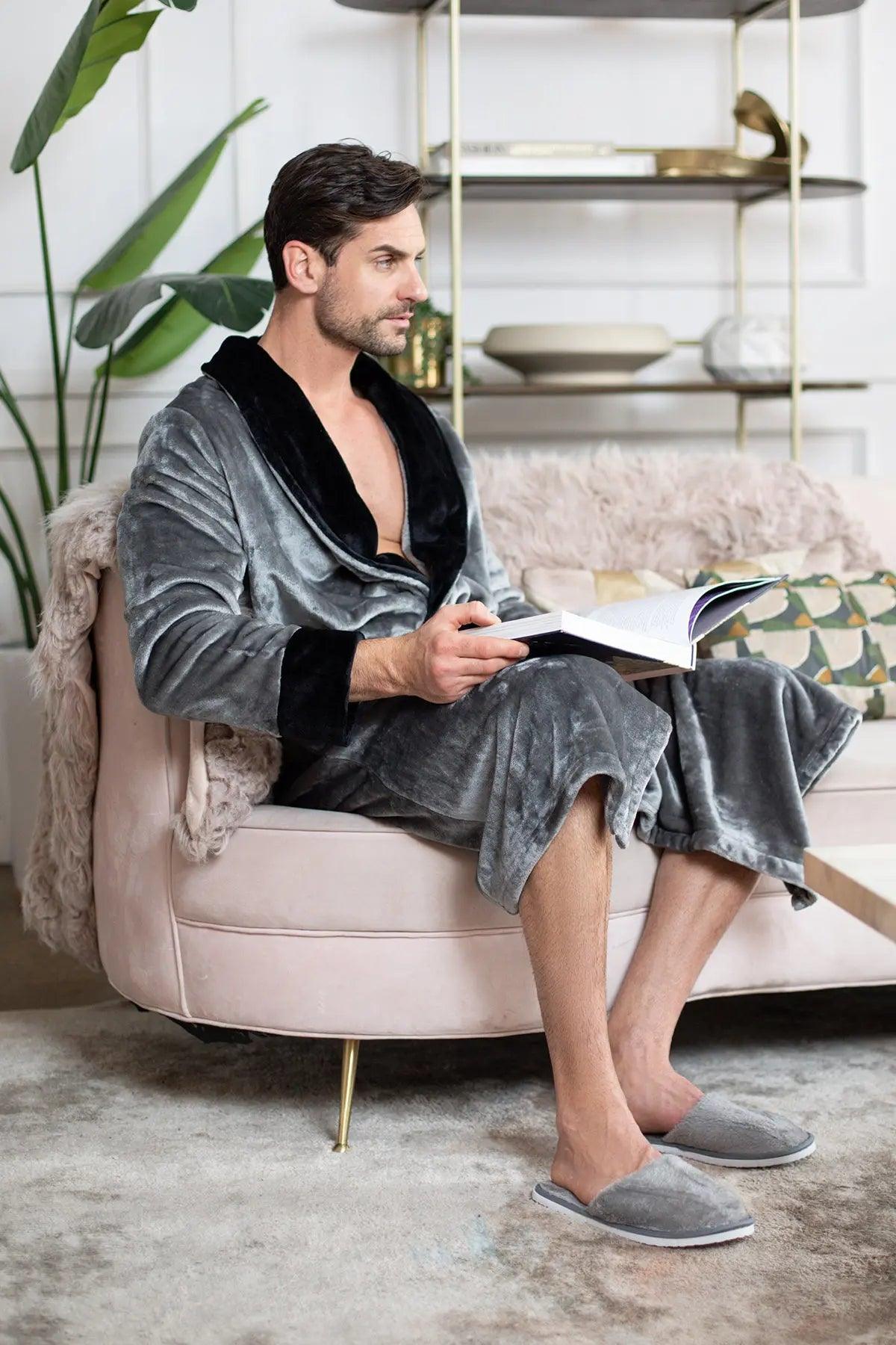 Fleece Bathrobe With Shawl Collar for Men From Lotus Linen