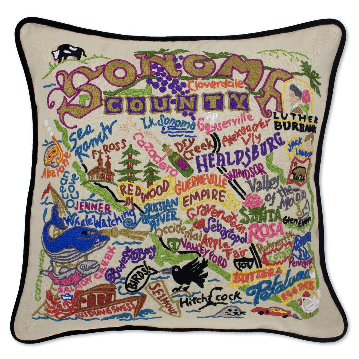 Sonoma County, CA Hand-Embroidered Pillow from Quirks!