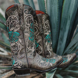 Turquoise Rose Inlayed Women's Cowgirl Boots (M50032) from Soto Boots