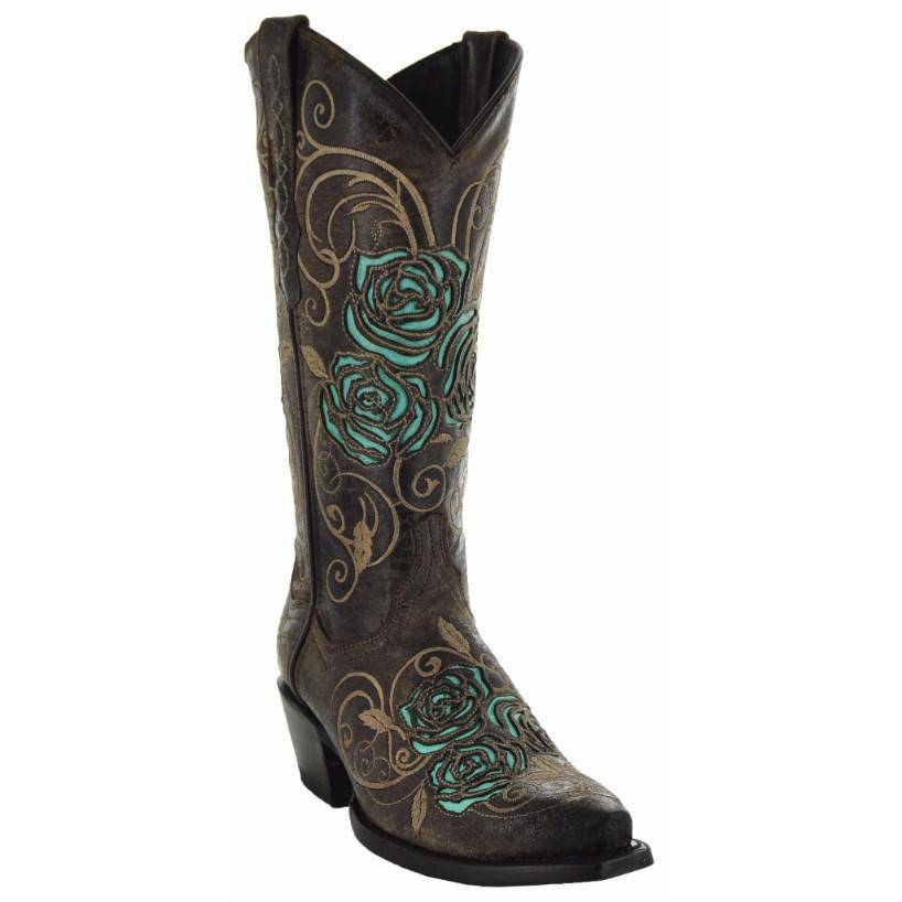 Turquoise Rose Inlayed Women's Cowgirl Boots (M50032) from Soto Boots