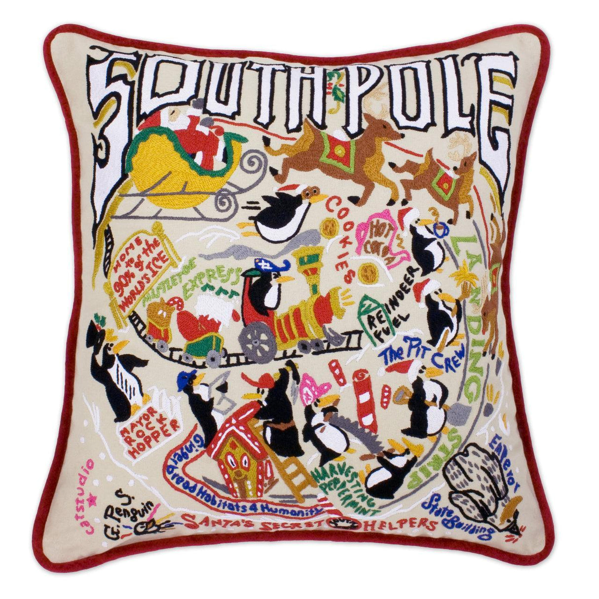South Pole Christmas Hand-Embroidered Pillow from Quirks!