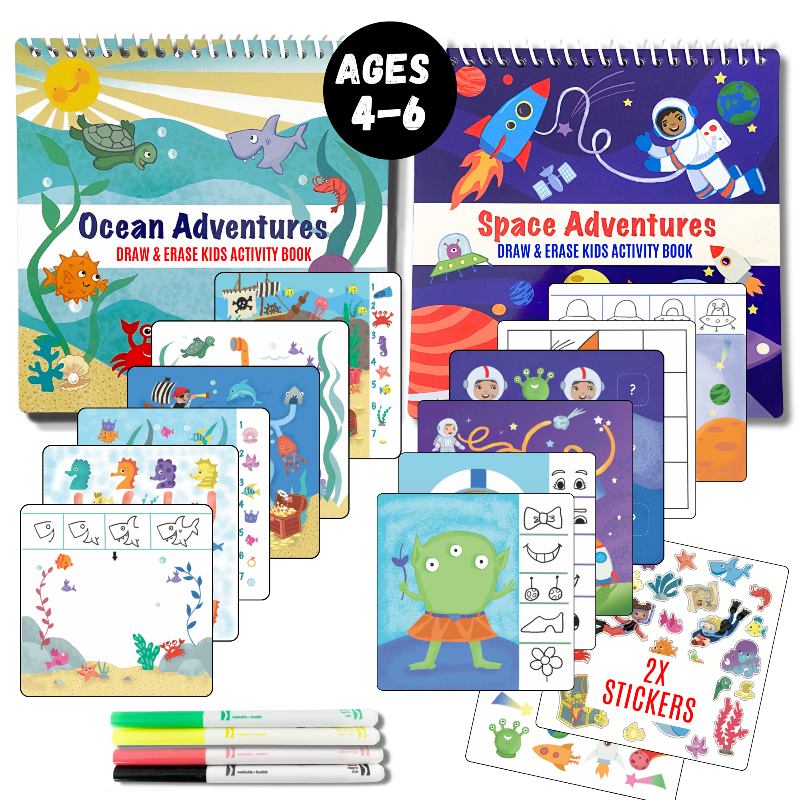 Small 7" Dry Erase Activity Book (incl. 2 Washable Markers & Reusable Stickers) from UnbuckleMe®