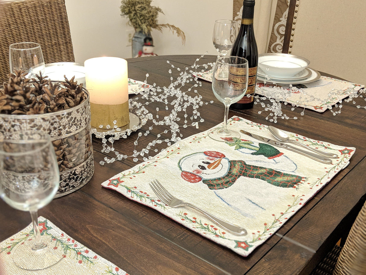 DaDa Bedding Set of 8 Pieces Magical Snowman Holiday Table Tapestry - 4 Placemats, 2 Table Runners, 2 Throw Pillow Covers (9733) from DaDalogy Bedding Collection