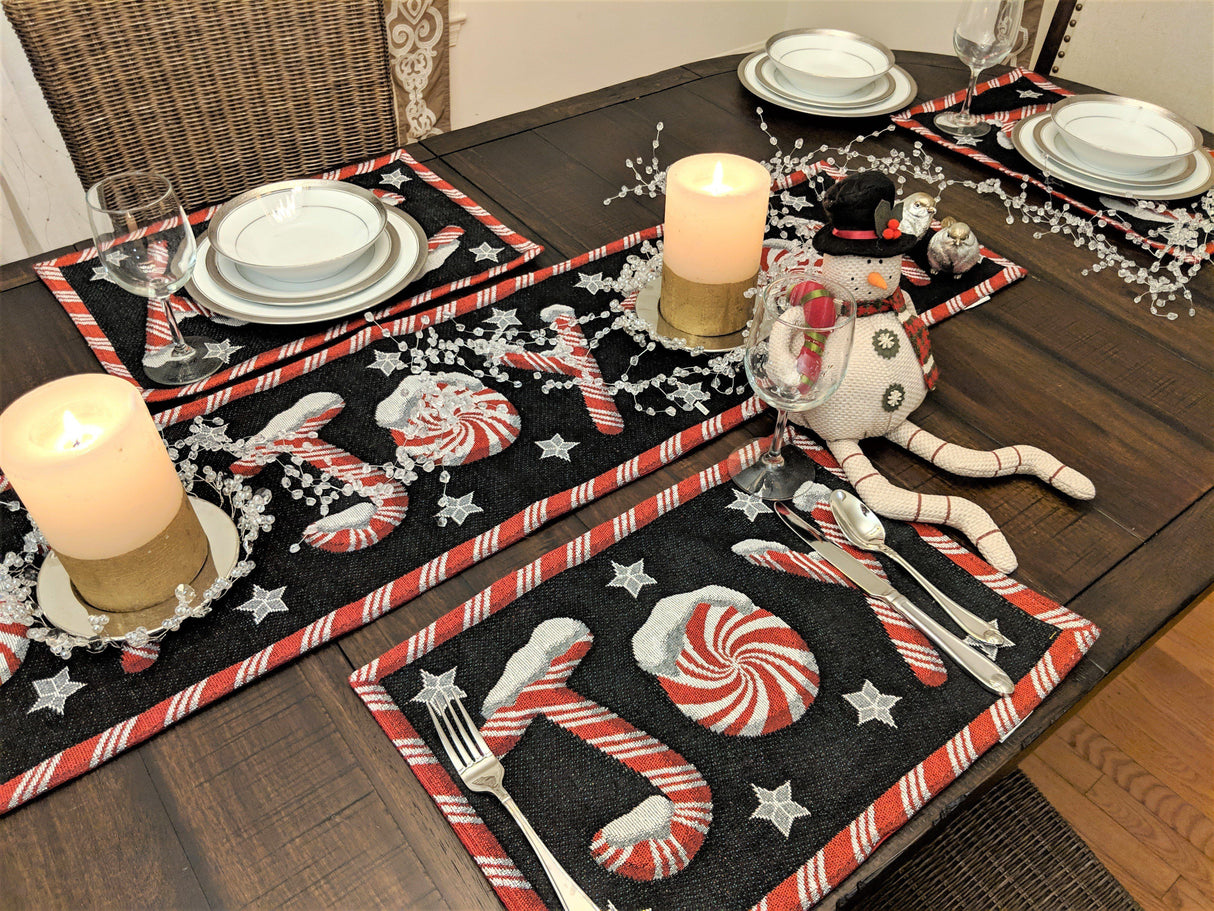 DaDa Bedding Set of 8 Pieces Peppermint Joy Holiday Table Tapestry - 4 Placemats, 2 Table Runners, 2 Throw Pillow Covers (12904) from DaDalogy Bedding Collection