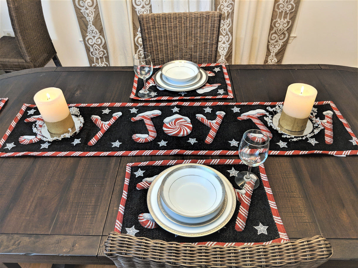 DaDa Bedding Set of 8 Pieces Peppermint Joy Holiday Table Tapestry - 4 Placemats, 2 Table Runners, 2 Throw Pillow Covers (12904) from DaDalogy Bedding Collection