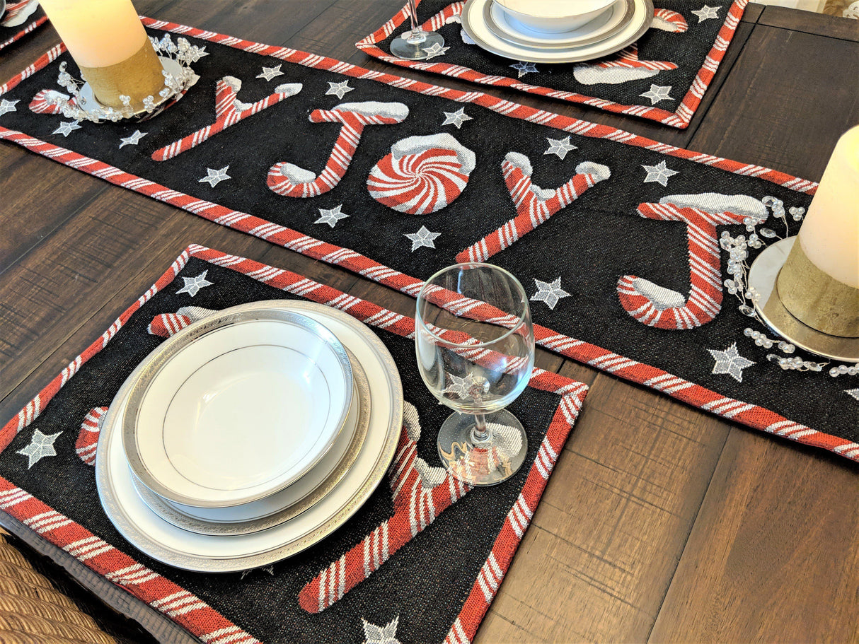 DaDa Bedding Set of 8 Pieces Peppermint Joy Holiday Table Tapestry - 4 Placemats, 2 Table Runners, 2 Throw Pillow Covers (12904) from DaDalogy Bedding Collection