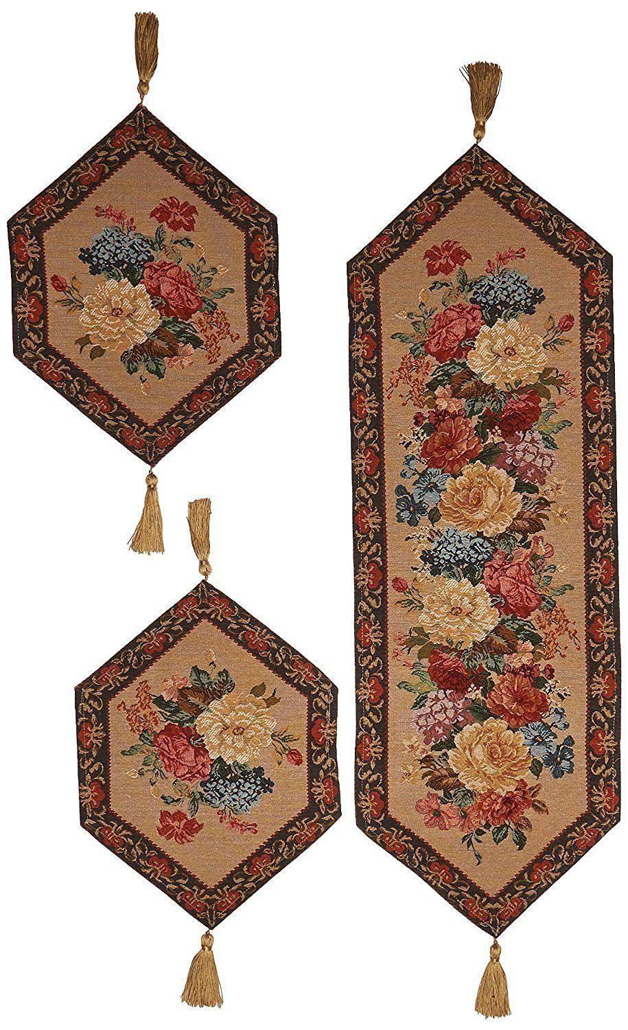 DaDa Bedding Set of 3-Pieces - Breath of Spring Floral Beige Woven Dining Tapestry Table Runners (3089) from DaDalogy Bedding Collection
