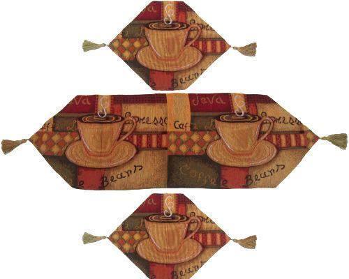 DaDa Bedding Set of 3-Pieces - Smell of Coffee Café Cup Orange Brown Woven Tapestry Dining Table Runners (9912) from DaDalogy Bedding Collection