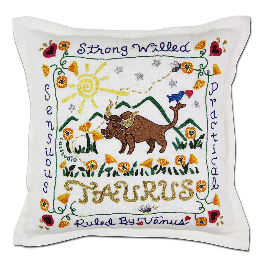 Taurus Astrology Hand-Embroidered Pillow by Cat Studio from Quirks!