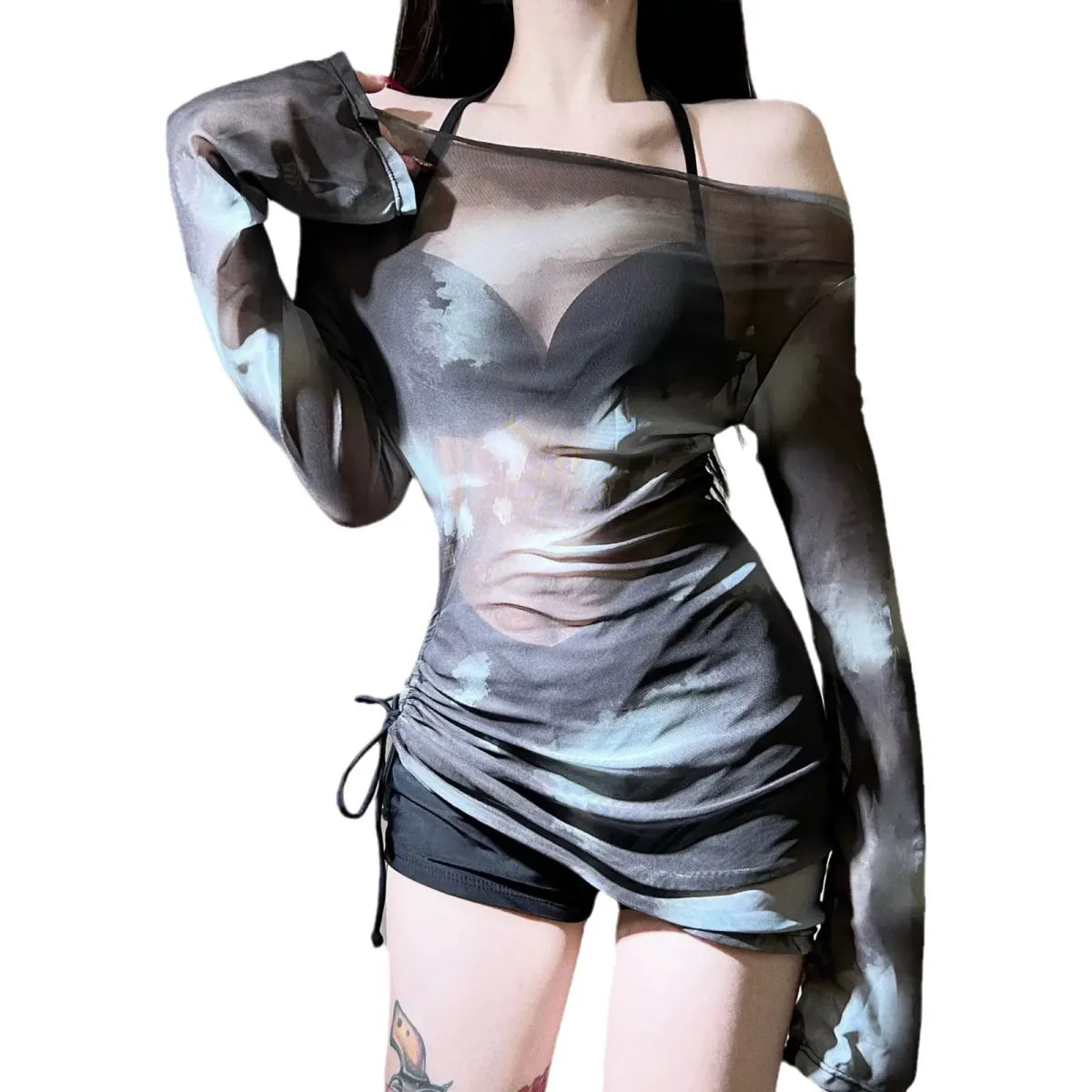 Tie-Dye Bikini Set – Korean Mesh Cover-Up with Drawstring Skirt from Kawaii Stop