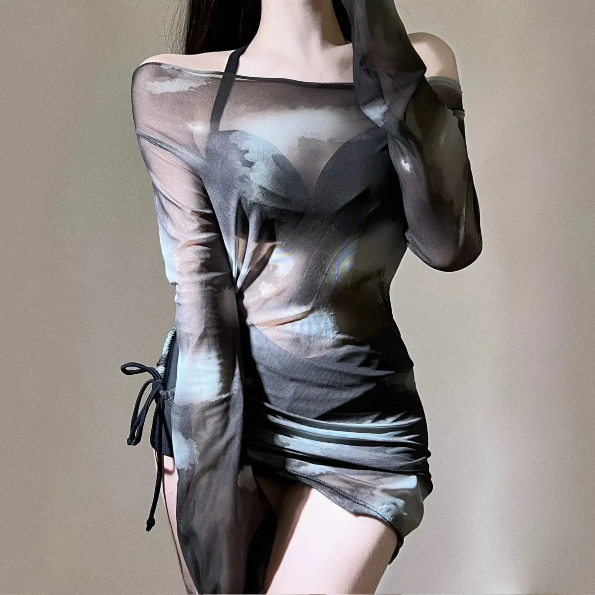 Tie-Dye Bikini Set – Korean Mesh Cover-Up with Drawstring Skirt from Kawaii Stop
