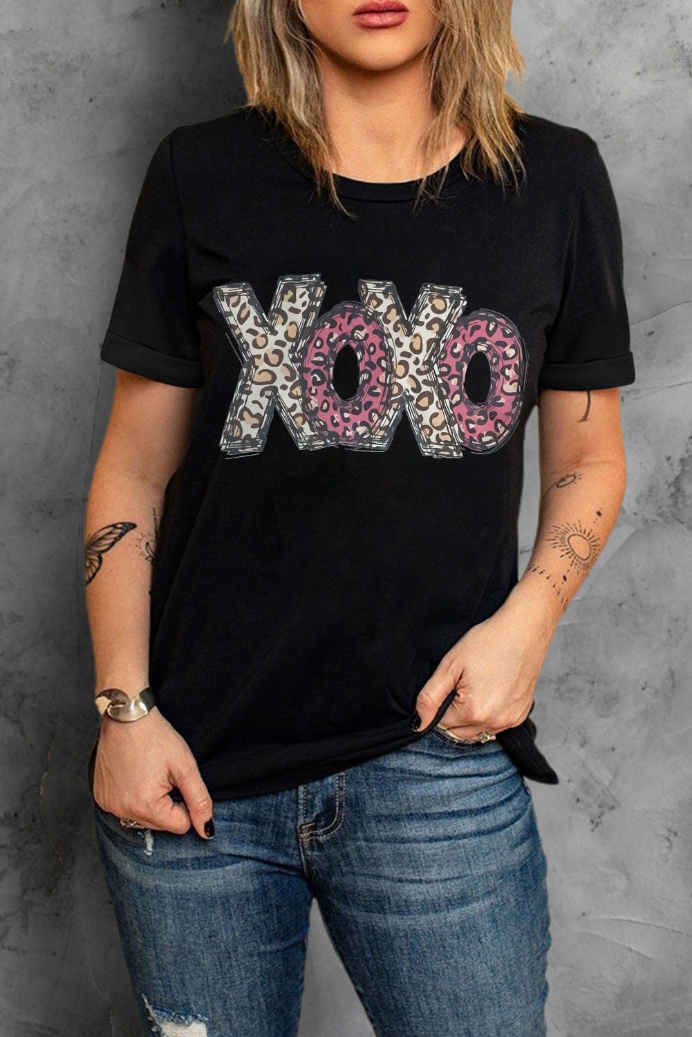 Black XOXO Leopard Print T-Shirt, Cute and Trendy from MsDressly