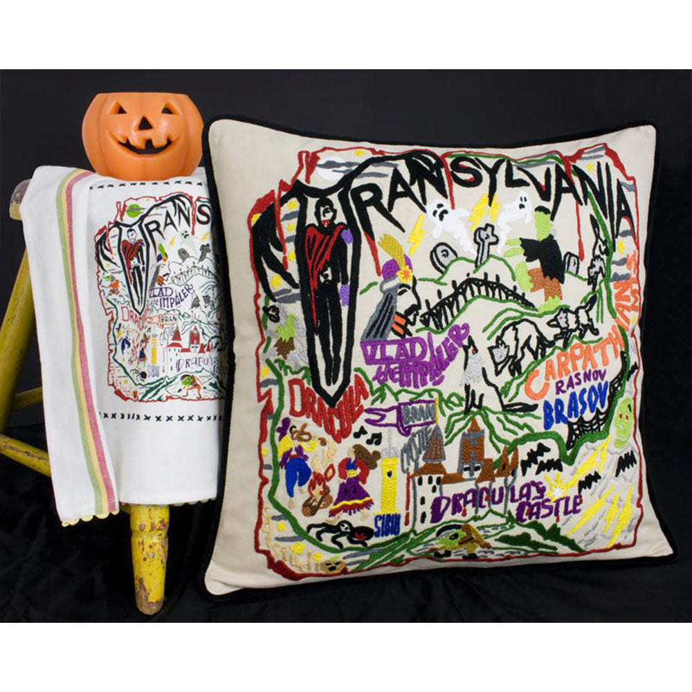 Transylvania Halloween Hand-Embroidered Pillow from Quirks!