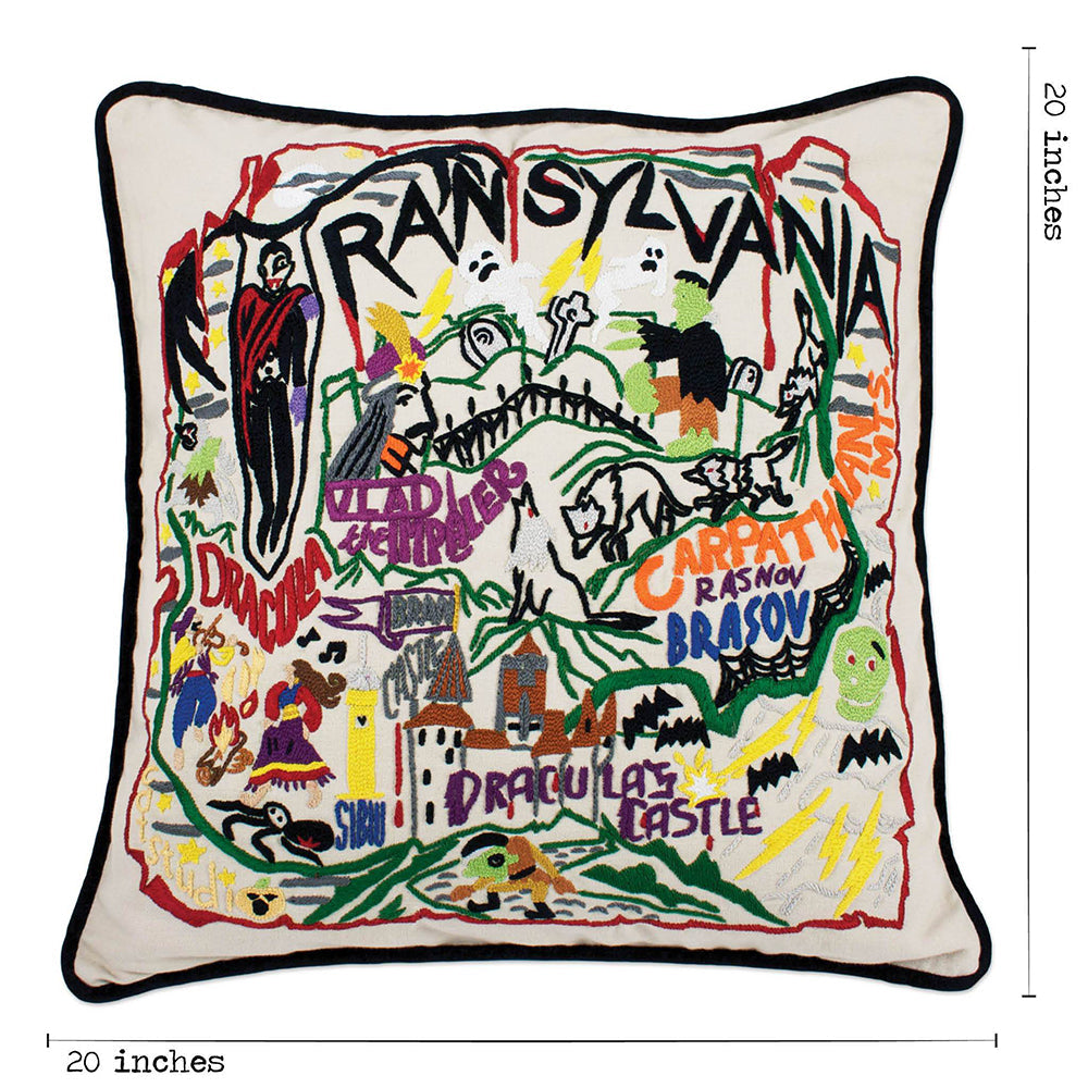 Transylvania Halloween Hand-Embroidered Pillow from Quirks!