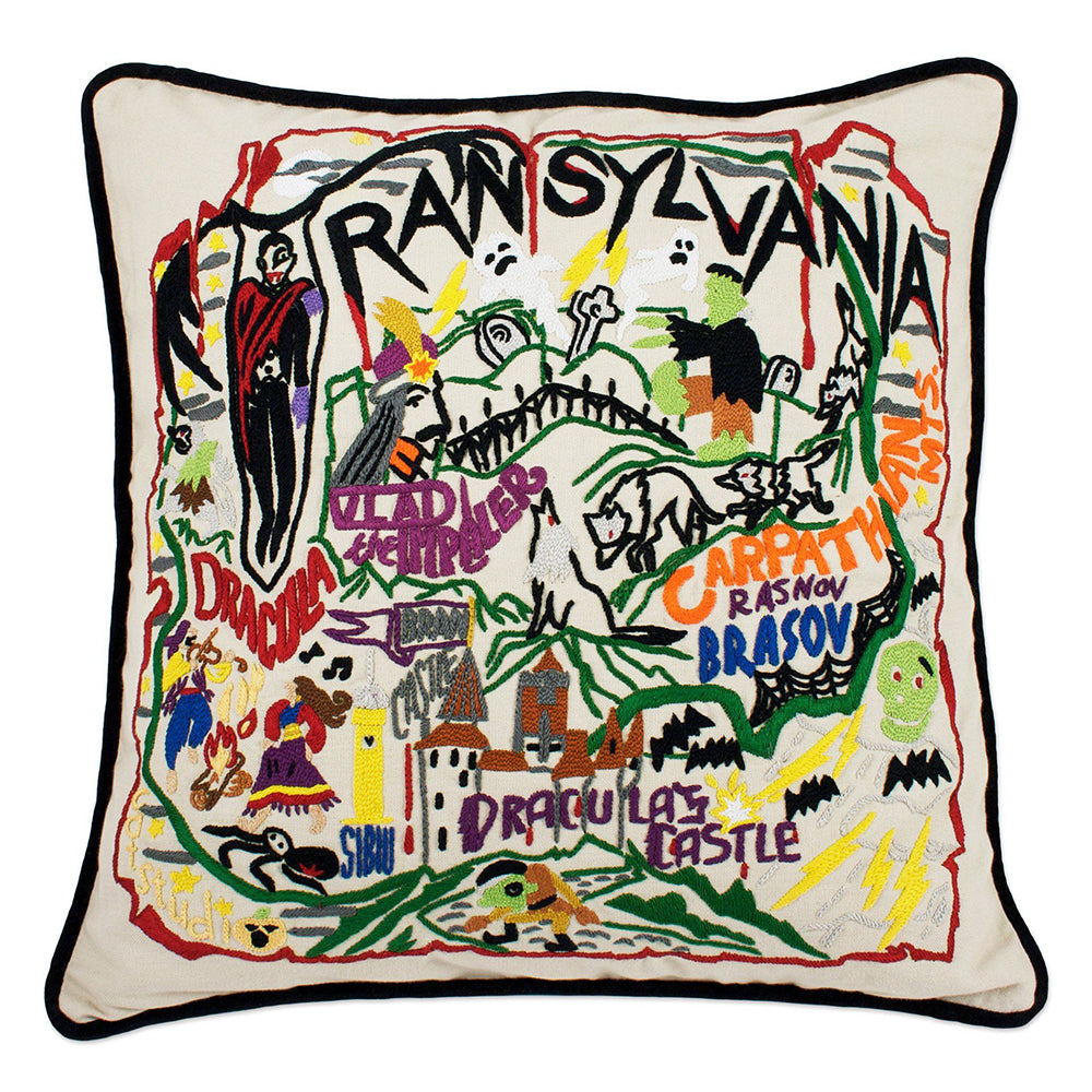 Transylvania Halloween Hand-Embroidered Pillow from Quirks!
