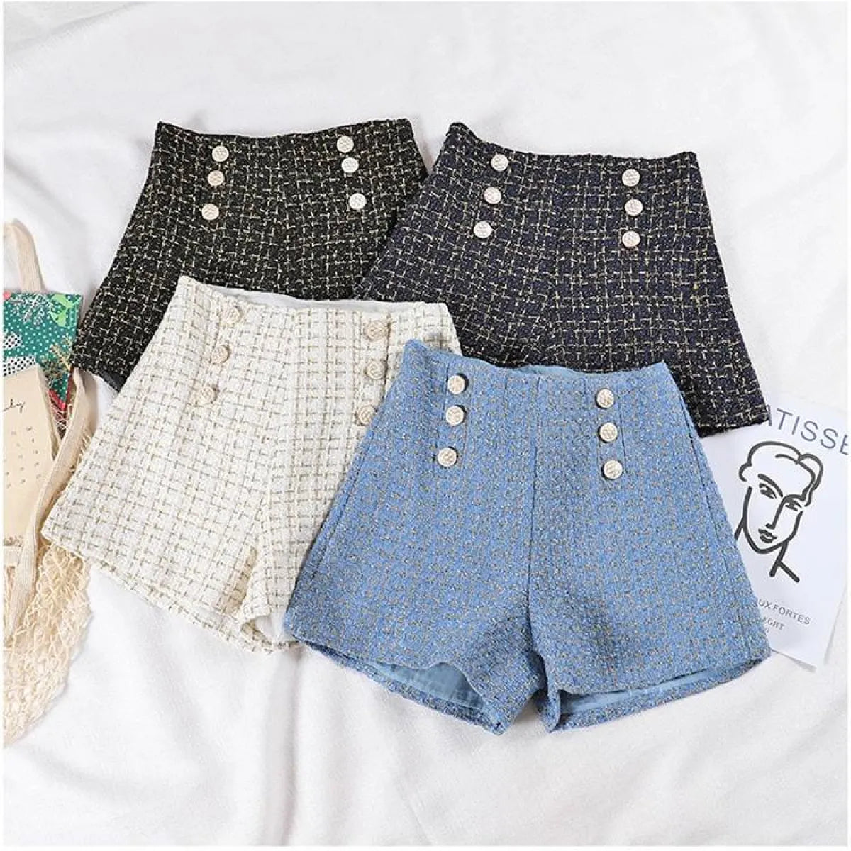 Button Decorated Tweed Shorts for Women Strap from Kawaii Stop